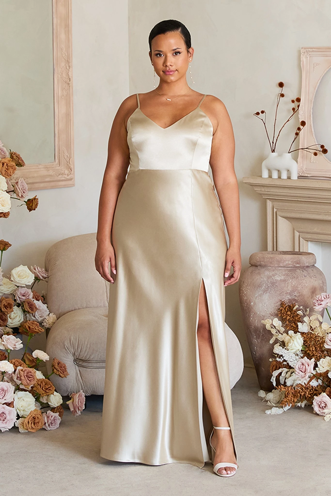 Jay Shiny Satin Dress - Neutral Champagne - Image 9