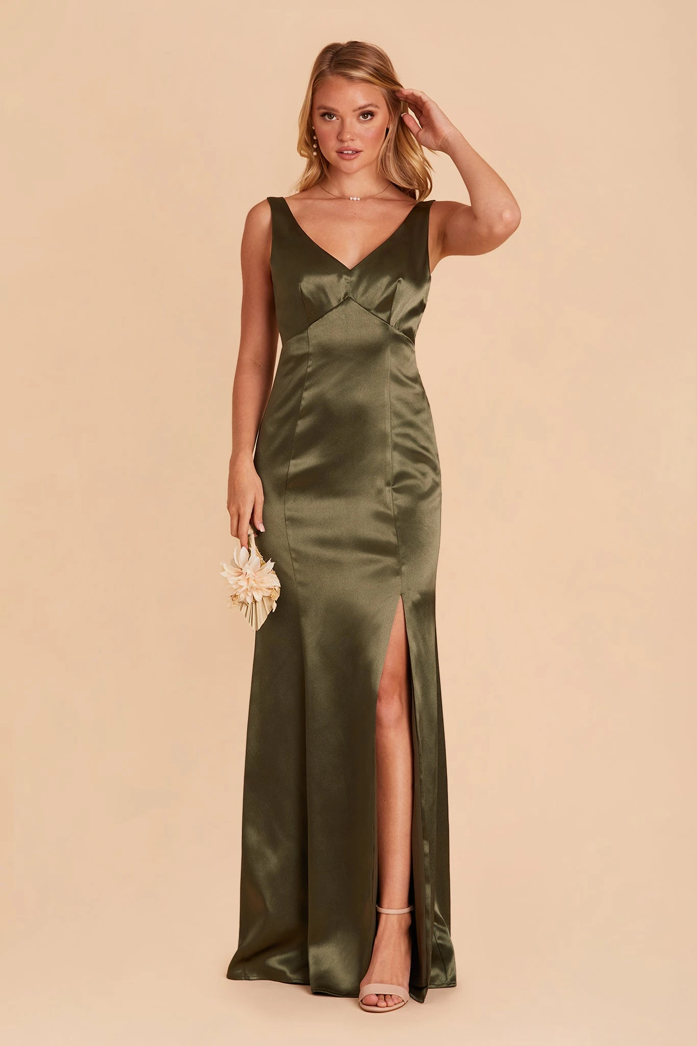 Gloria Shiny Satin Dress - Olive - Image 4