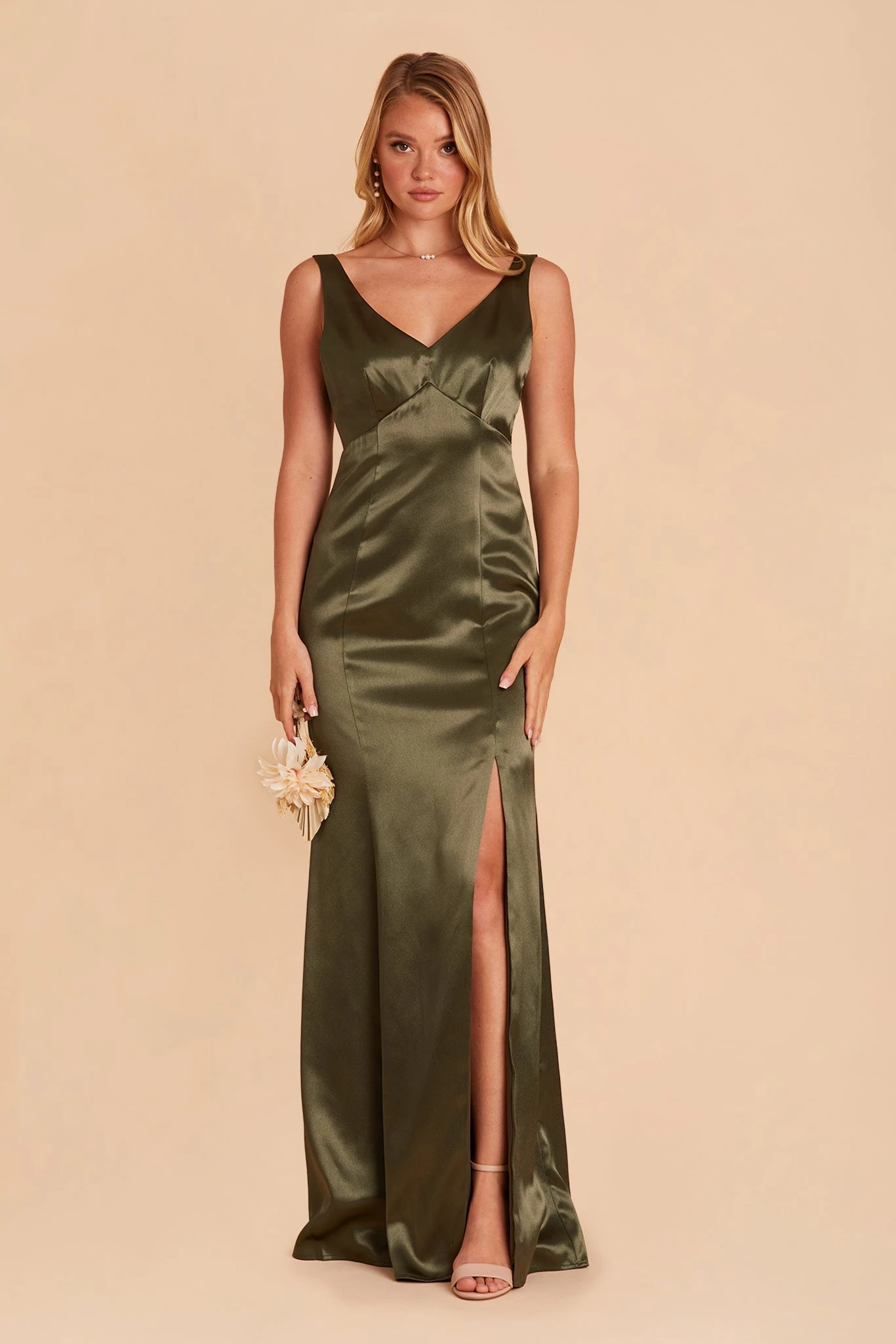Gloria Shiny Satin Dress - Olive - Image 3