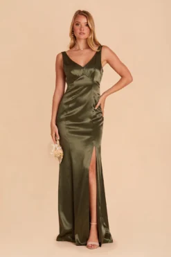 Gloria Shiny Satin Dress - Olive