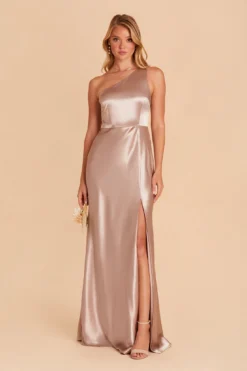 Kira Shiny Satin Dress - Taupe
