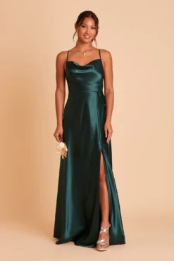 Lisa Long Shiny Satin Dress - Emerald