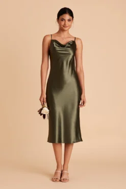 Lisa Shiny Satin Midi Dress - Olive