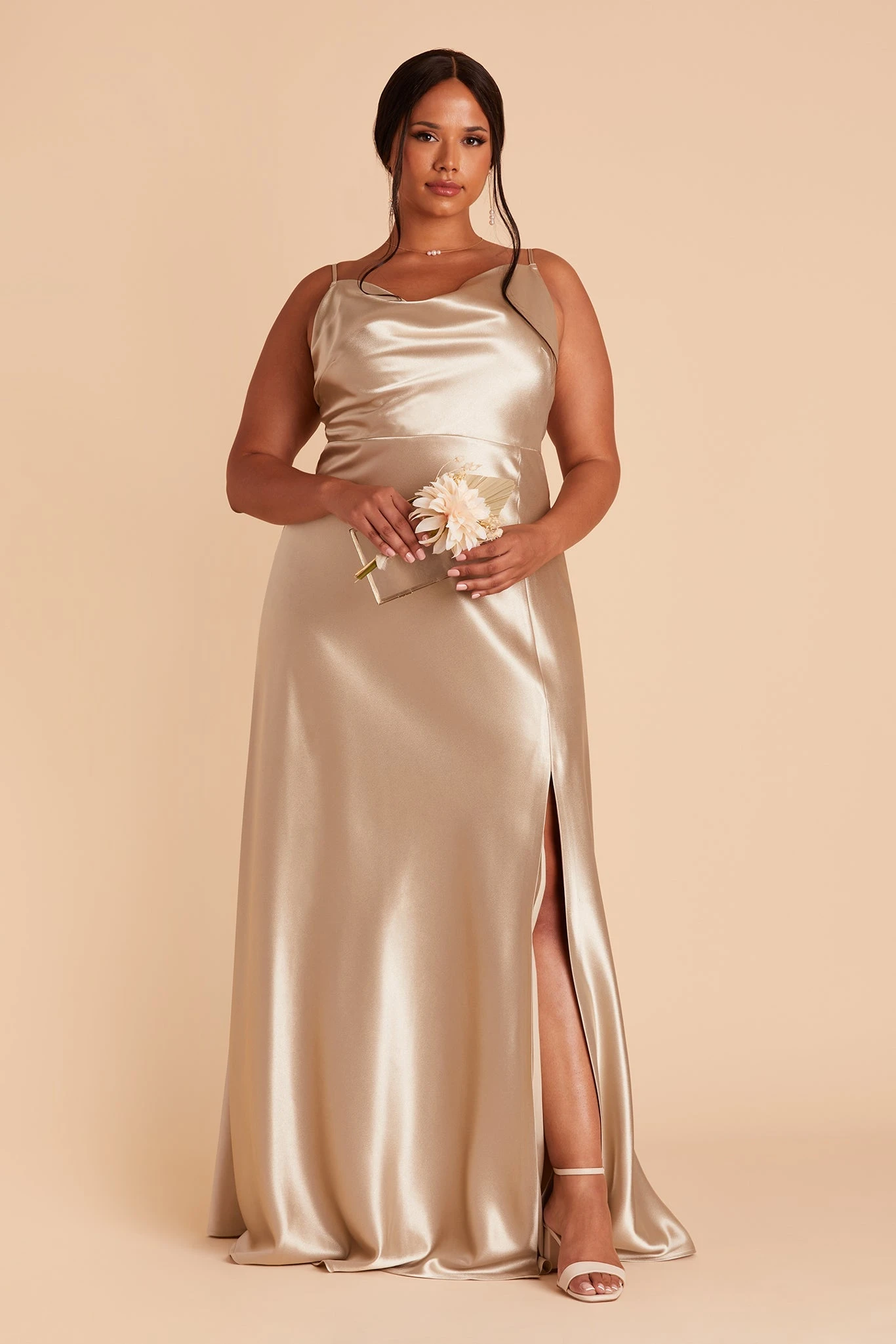 Lisa Long Shiny Satin Dress - Neutral Champagne - Image 13