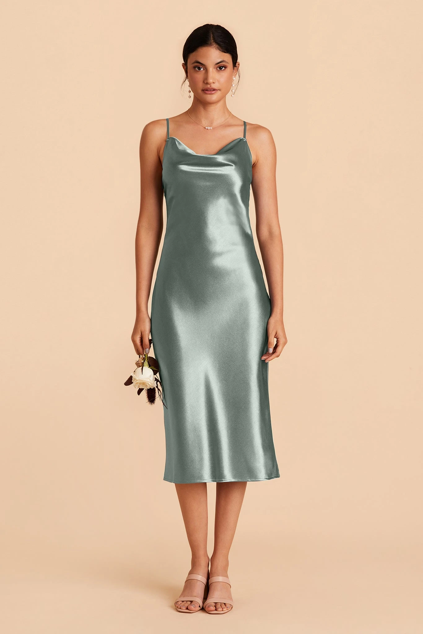 Lisa Shiny Satin Midi Dress - Sea Glass