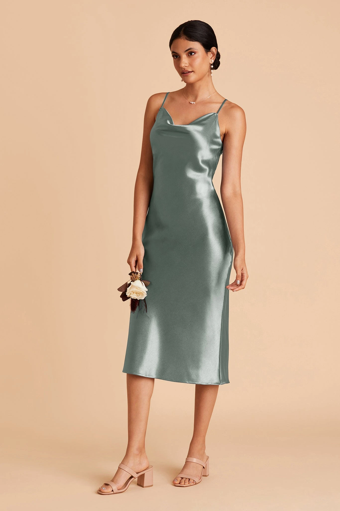 Lisa Shiny Satin Midi Dress - Sea Glass - Image 4
