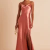 Lisa Long Shiny Satin Dress - Terracotta