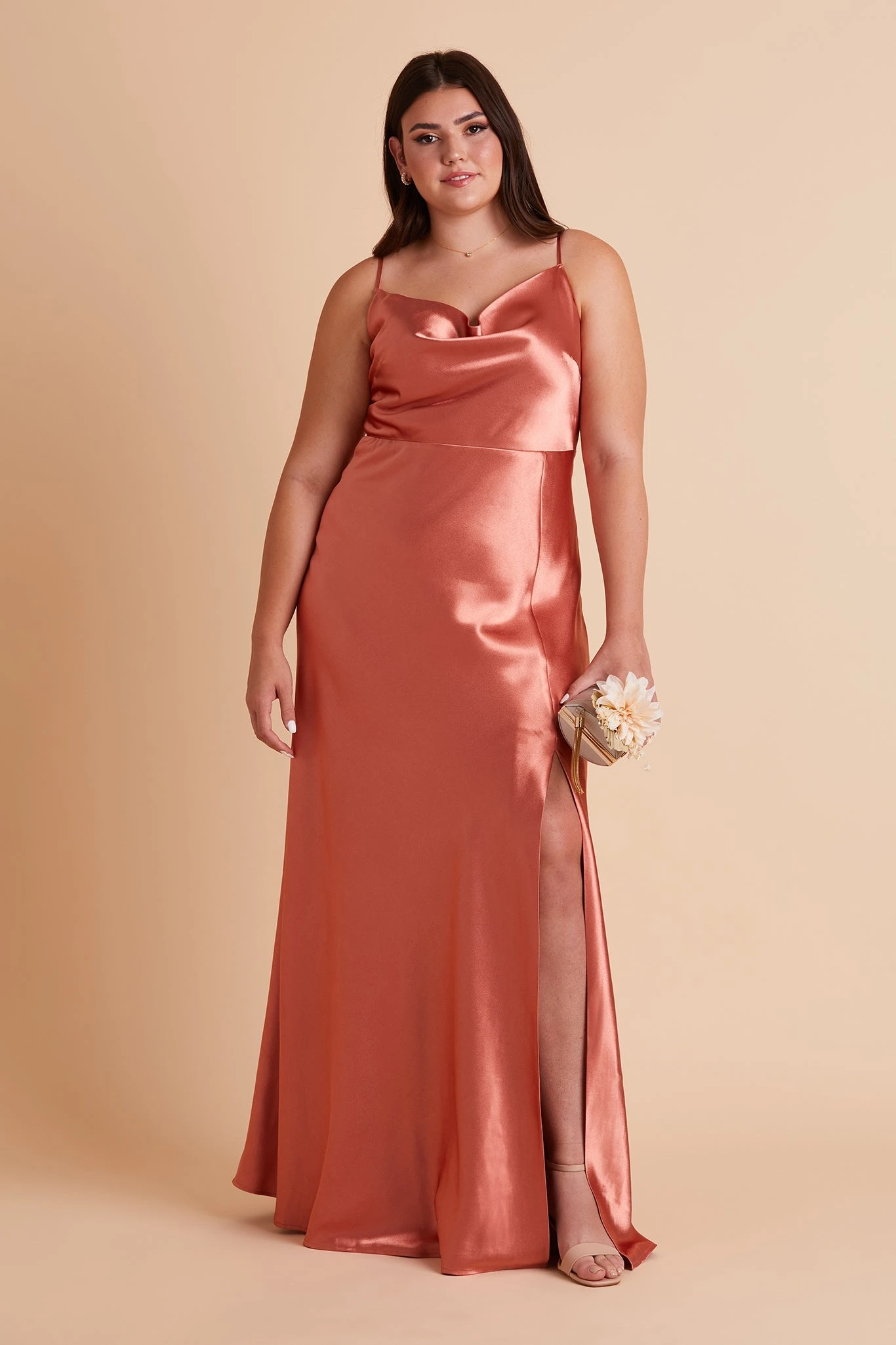 Lisa Long Shiny Satin Dress - Terracotta - Image 15