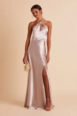 Monica Shiny Satin Dress - Taupe