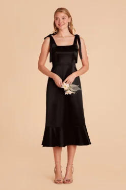 Eugenia Shiny Satin Convertible Midi Dress - Black