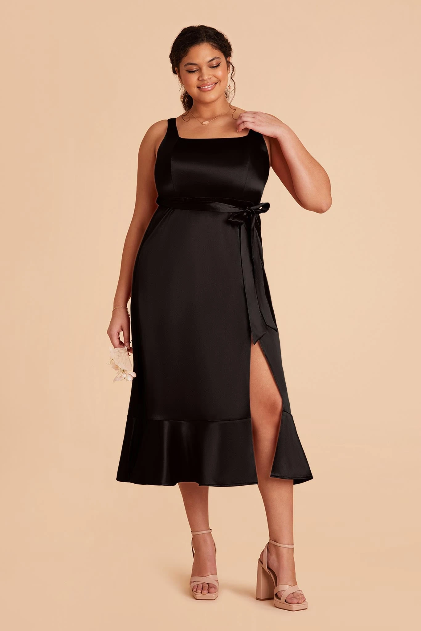 Eugenia Shiny Satin Convertible Midi Dress - Black - Image 9