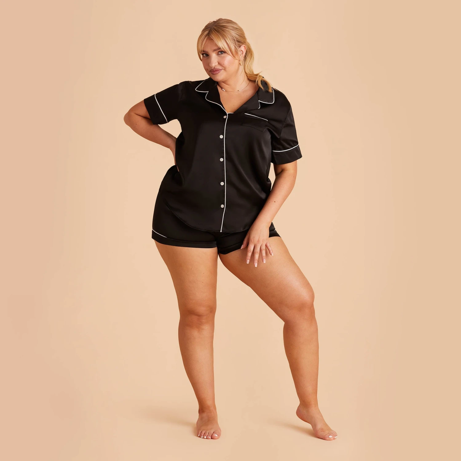 Jonny Satin Short Sleeve Pajama Top - Black - Image 17