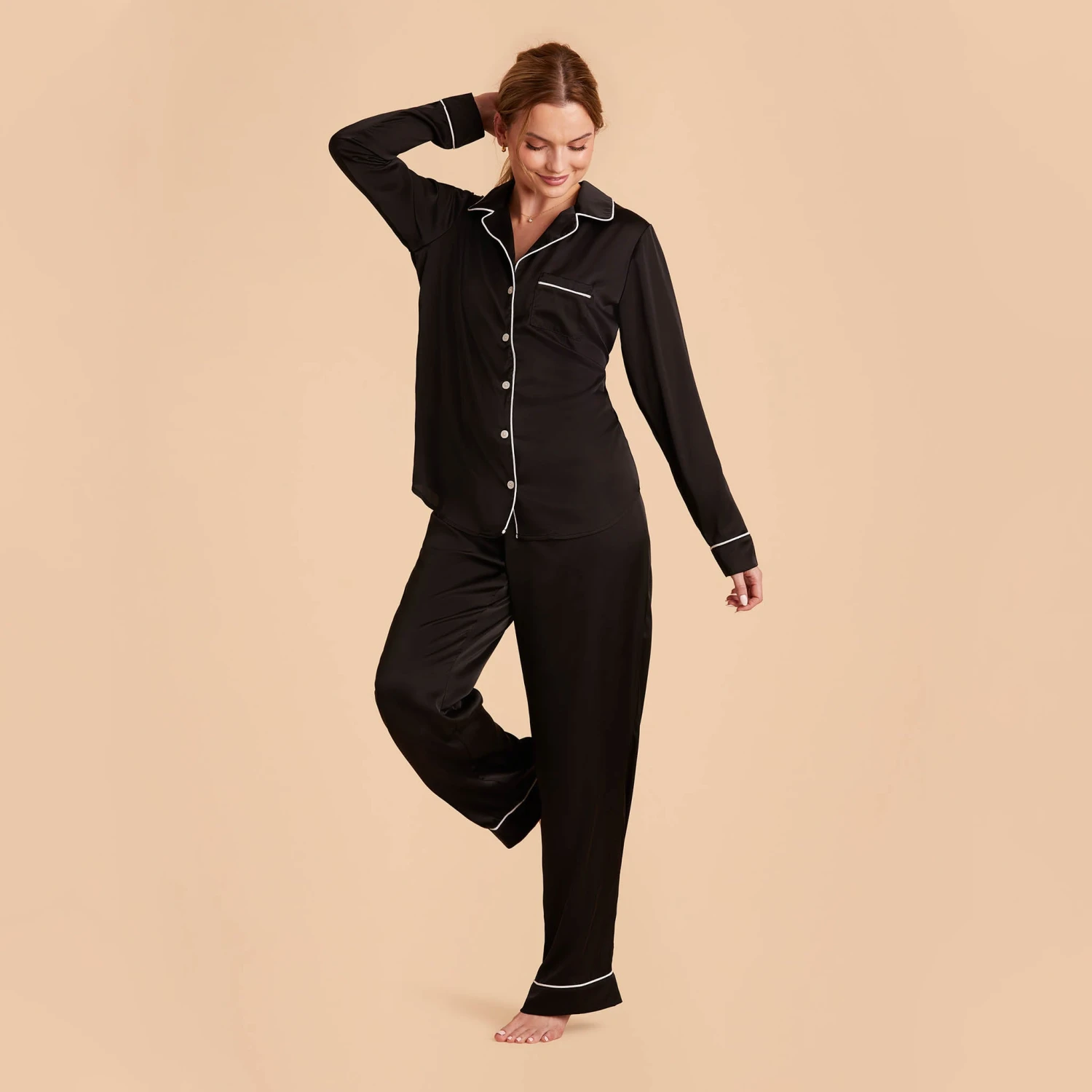 Jonny Satin Long Sleeve Pajama Top - Black - Image 11