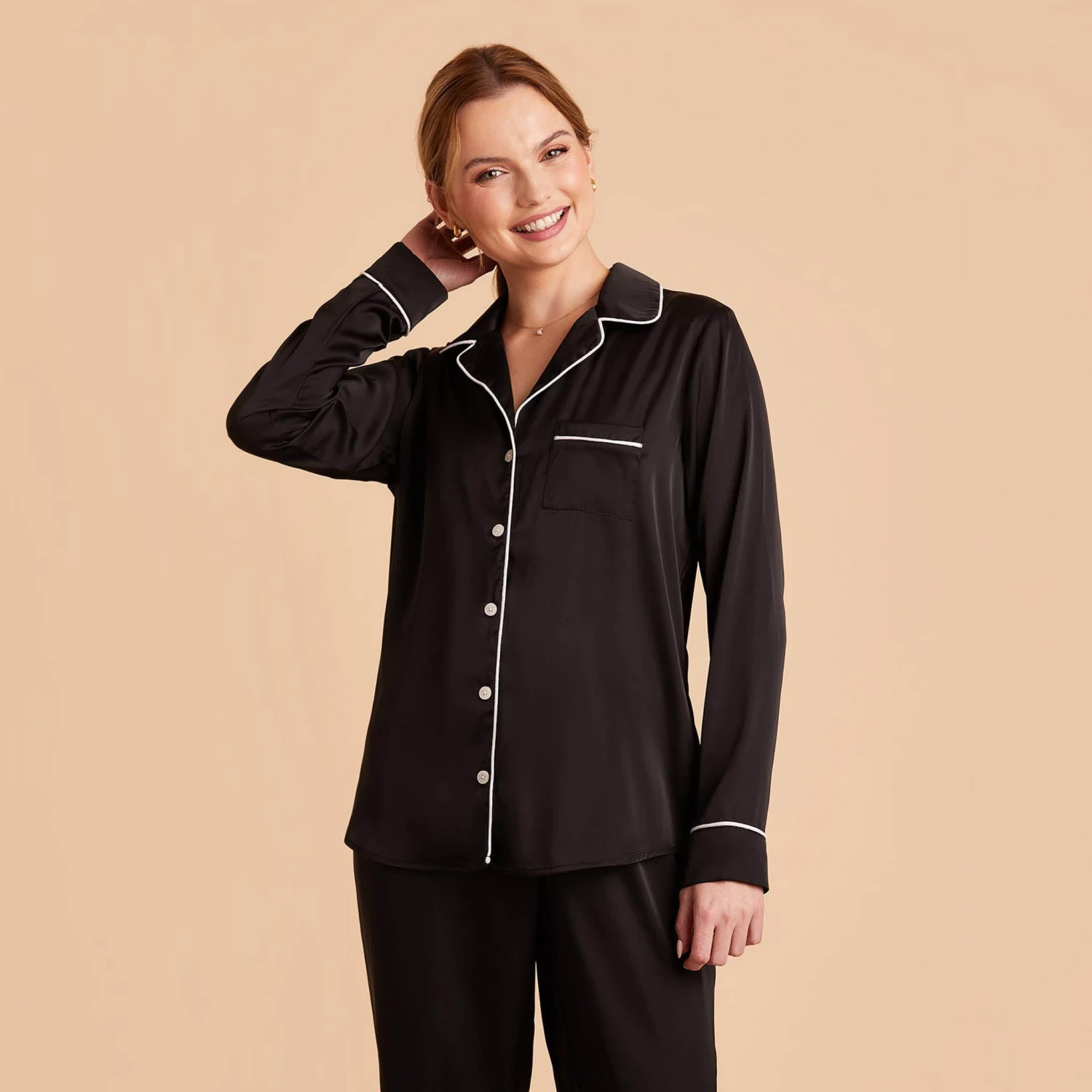 Jonny Long Sleeves And Pants Satin PJ Set - Black - Image 3