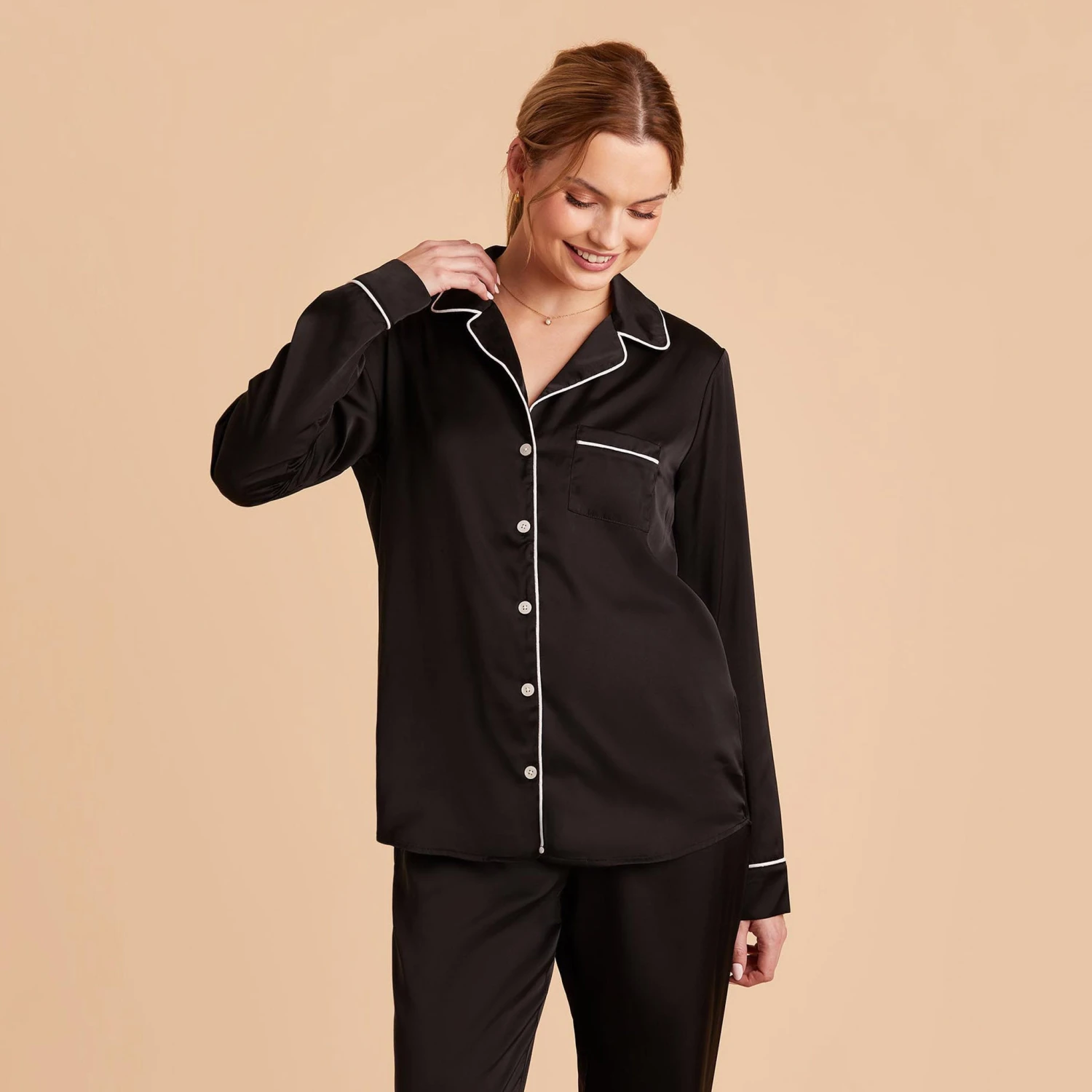 Jonny Long Sleeves And Pants Satin PJ Set - Black - Image 7