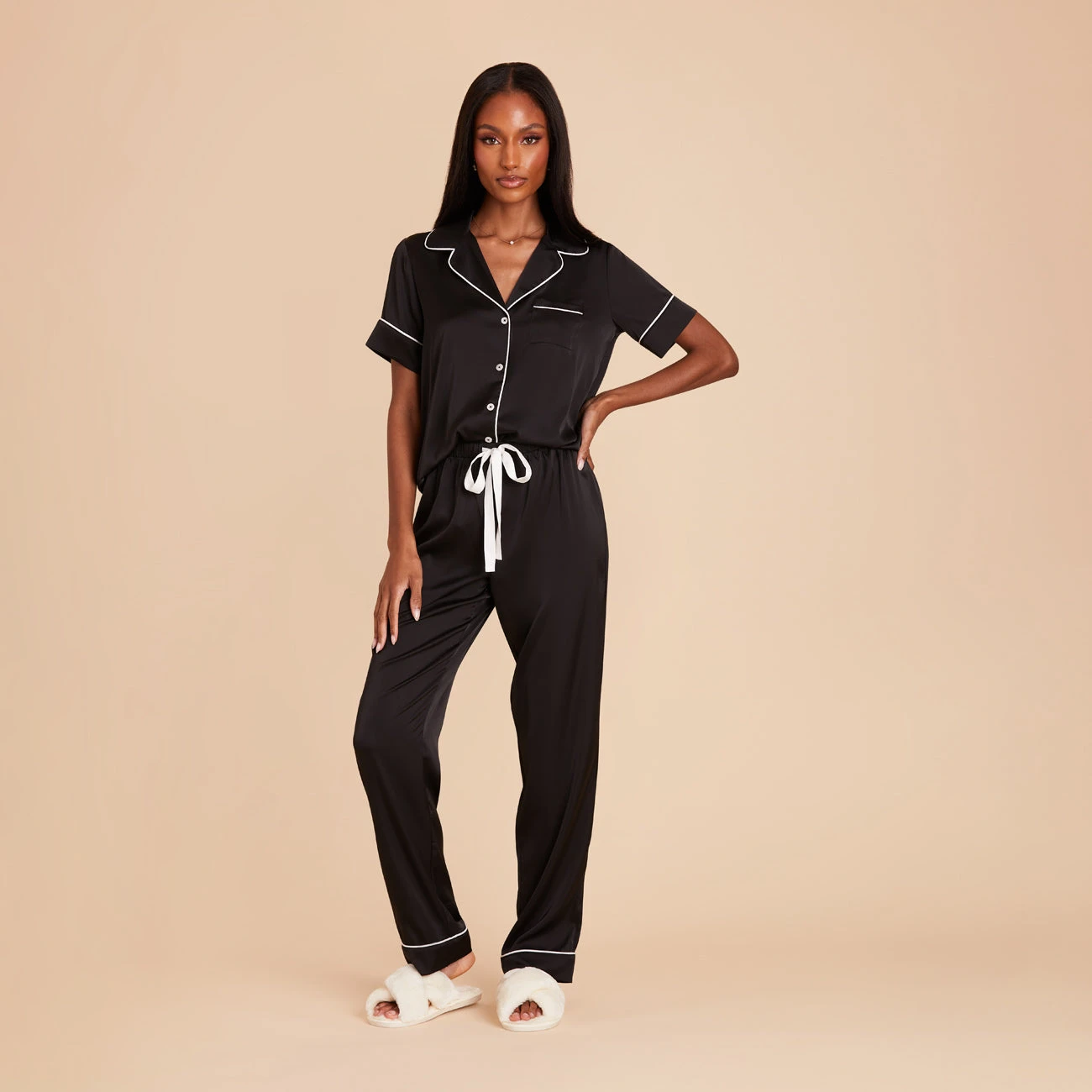 Jonny Satin Short Sleeve And Pant Set - Black - Image 5