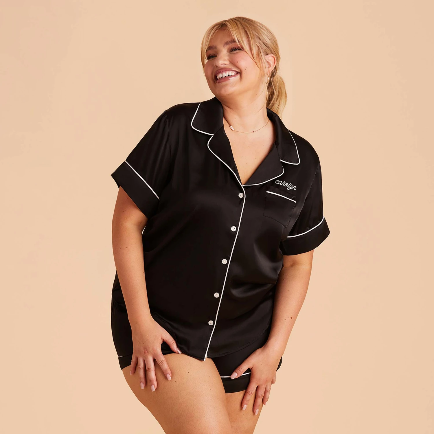 Jonny Satin Short Sleeve Pajama Top - Black - Image 2