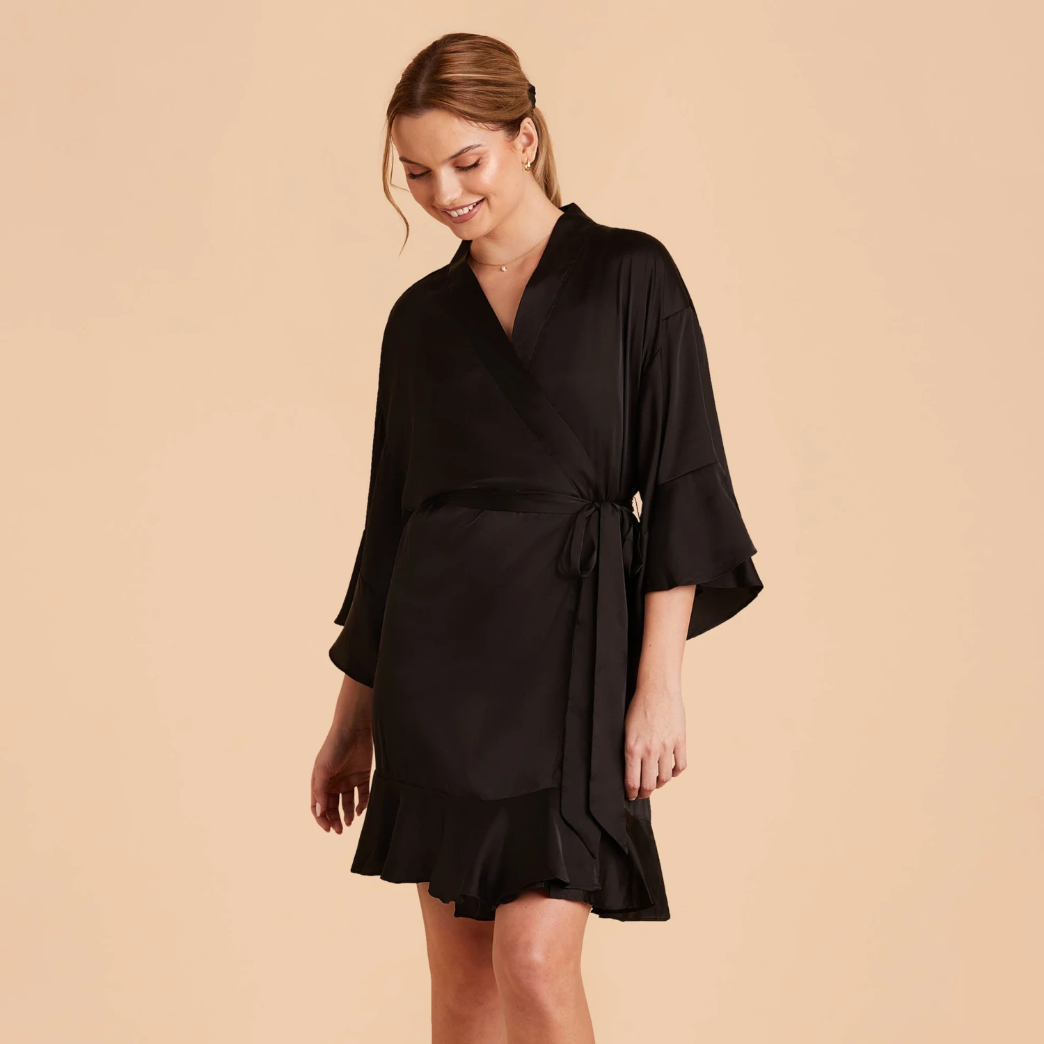Kenny Ruffle Satin Robe - Black - Image 11