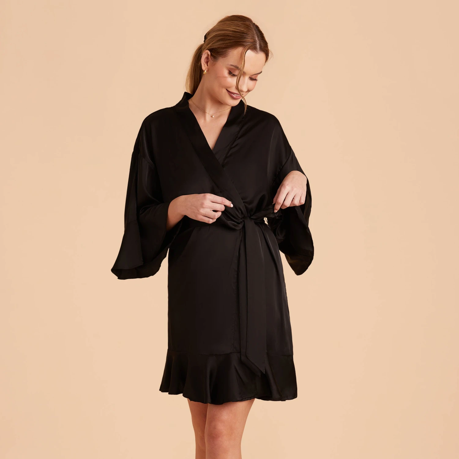 Kenny Ruffle Satin Robe - Black - Image 10