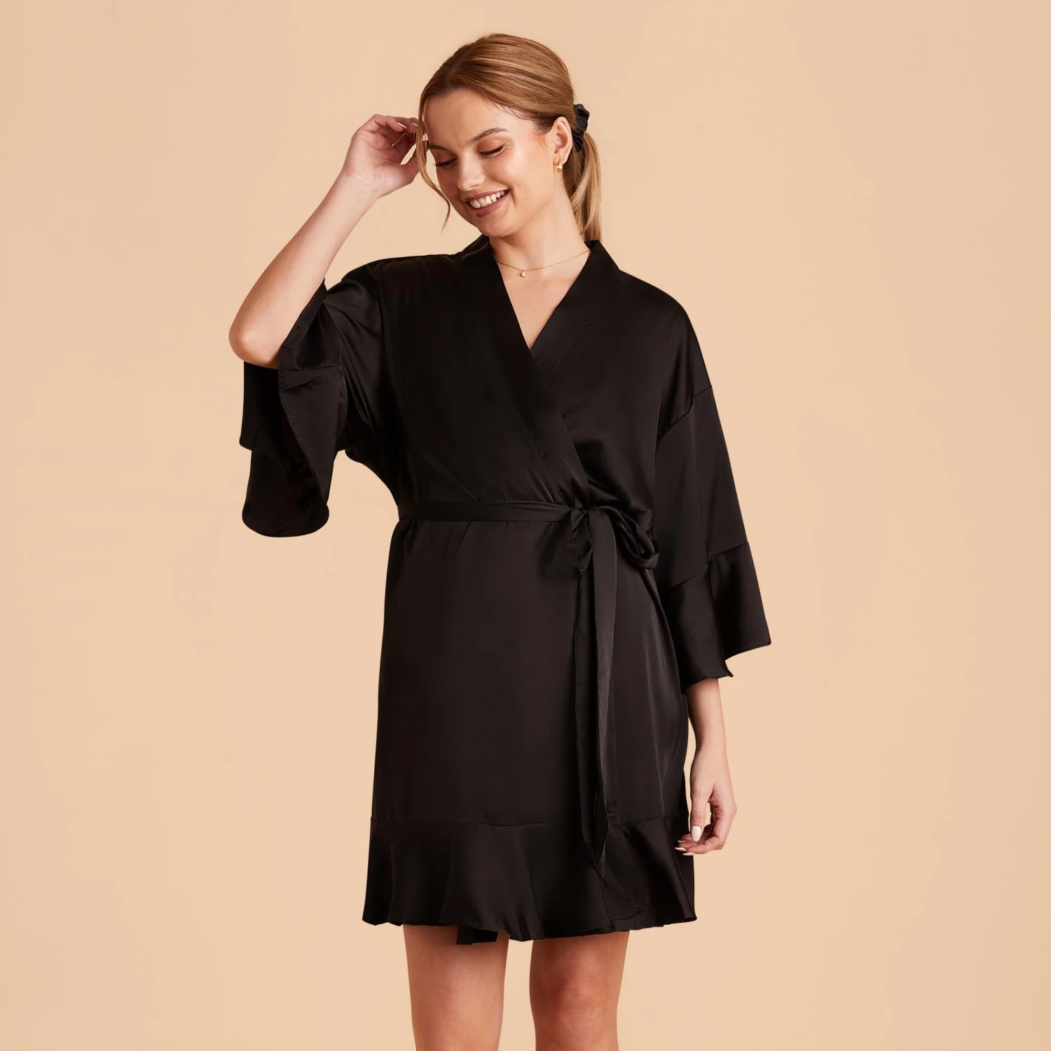 Kenny Ruffle Satin Robe - Black - Image 6