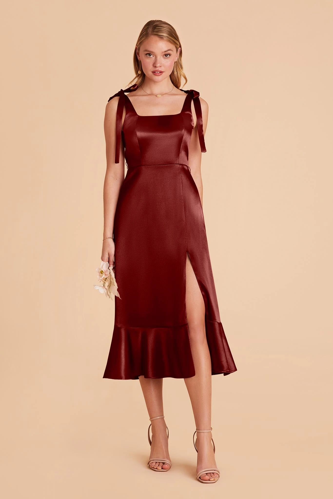 Eugenia Shiny Satin Convertible Midi Dress - Cabernet - Image 4