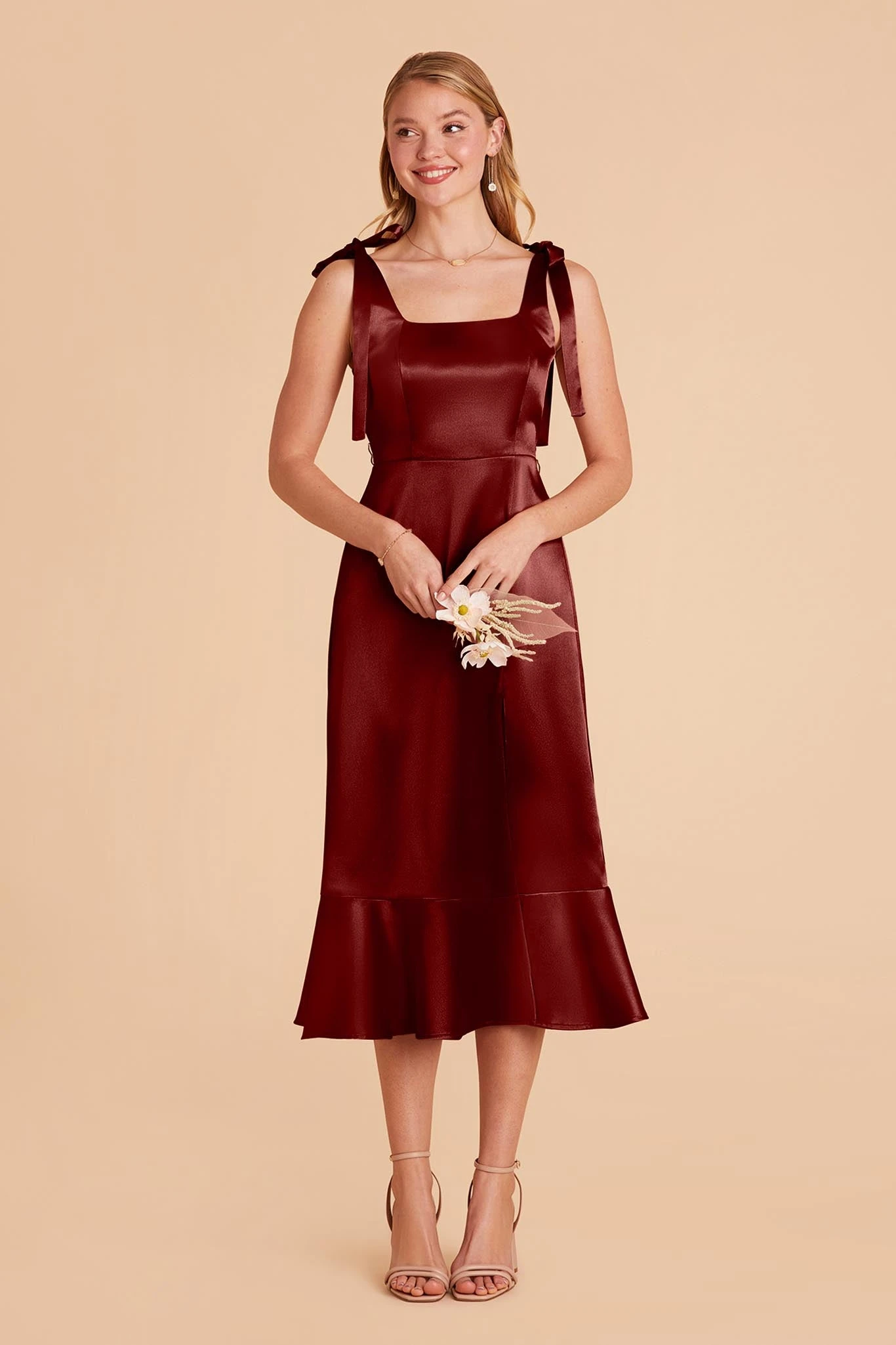 Eugenia Shiny Satin Convertible Midi Dress - Cabernet