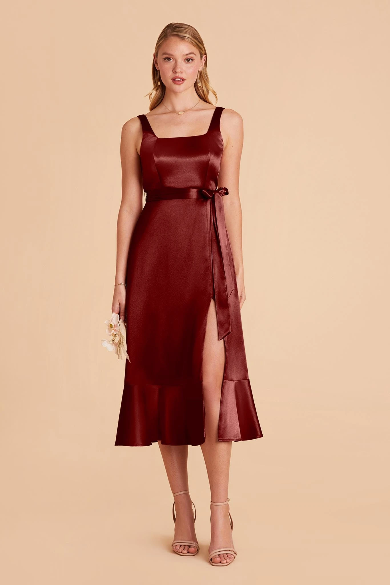 Eugenia Shiny Satin Convertible Midi Dress - Cabernet - Image 3