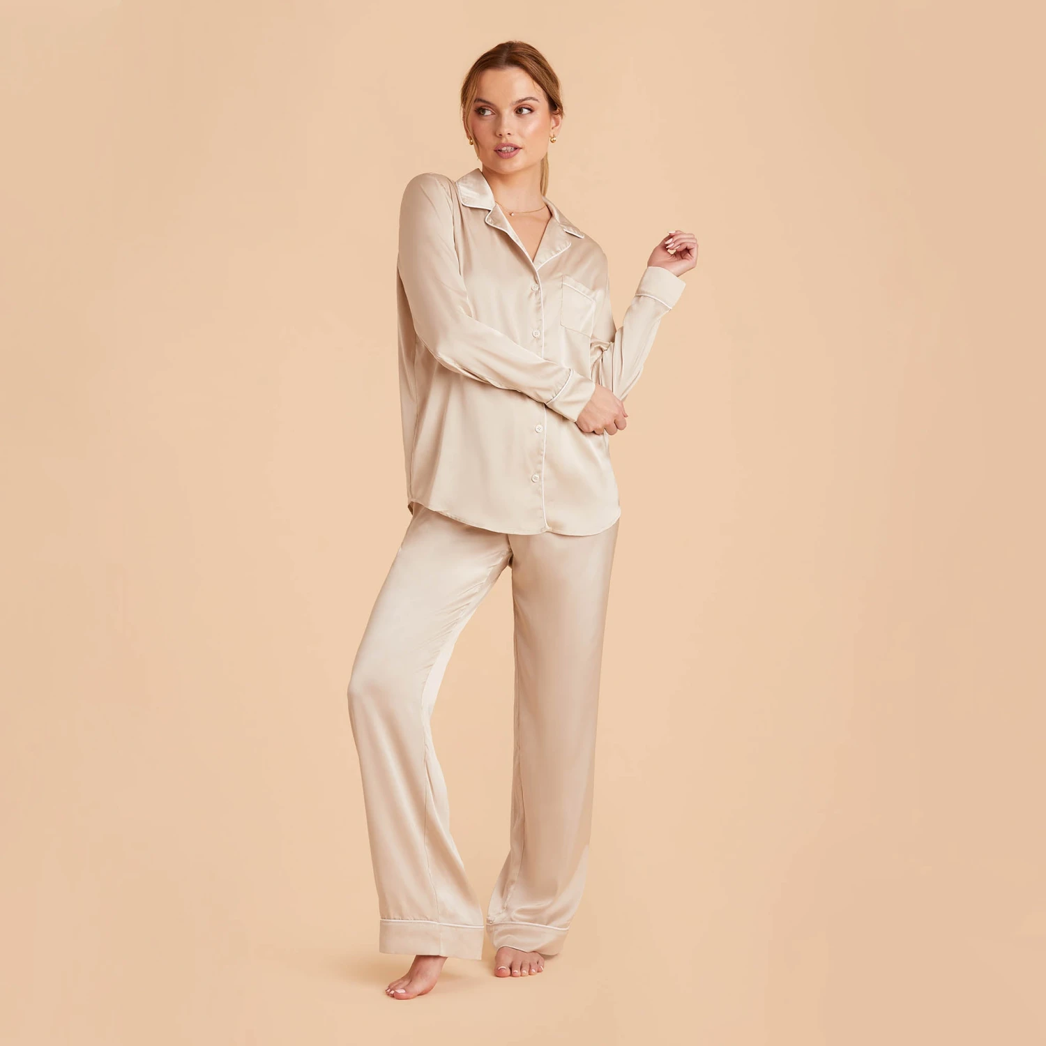 Jonny Long Sleeves And Pants Satin PJ Set - Champagne - Image 17