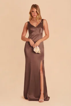 Gloria Shiny Satin Dress - Chocolate Brown