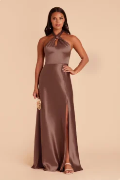 Monica Shiny Satin Dress - Chocolate Brown