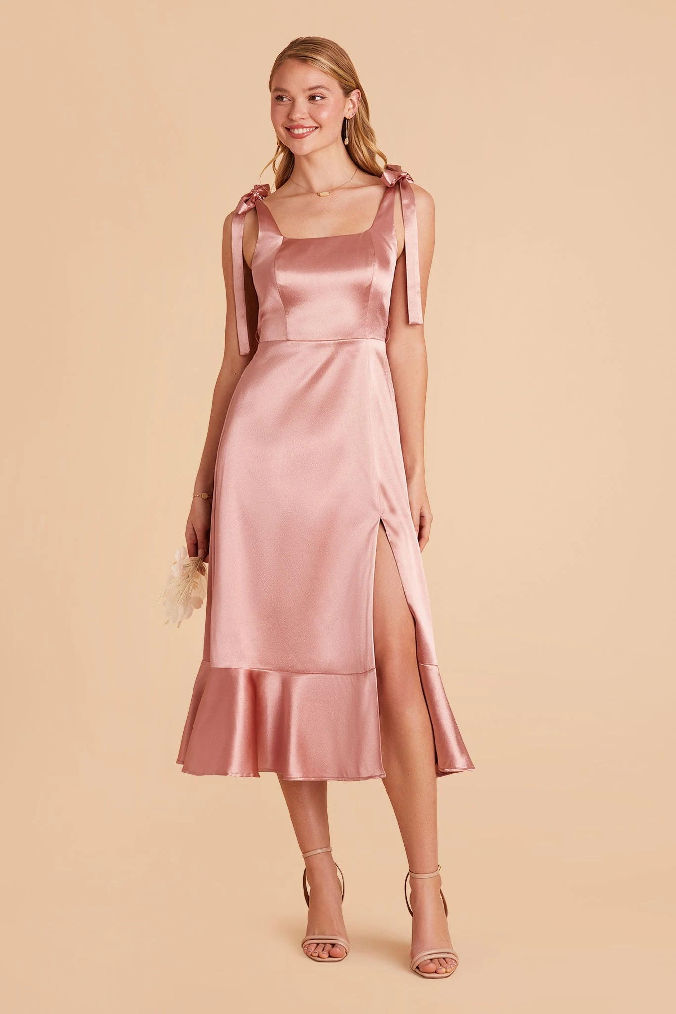 Eugenia Shiny Satin Convertible Midi Dress - Desert Rose