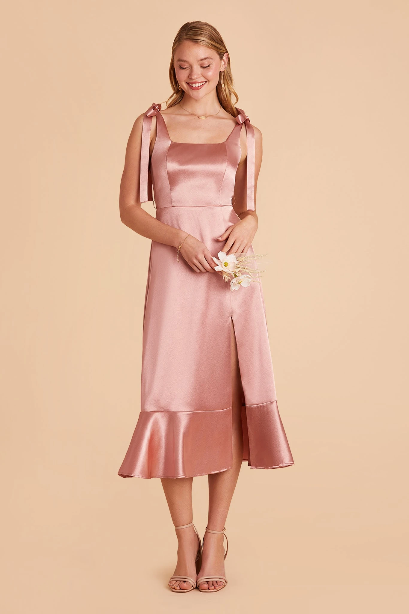 Eugenia Shiny Satin Convertible Midi Dress - Desert Rose - Image 9
