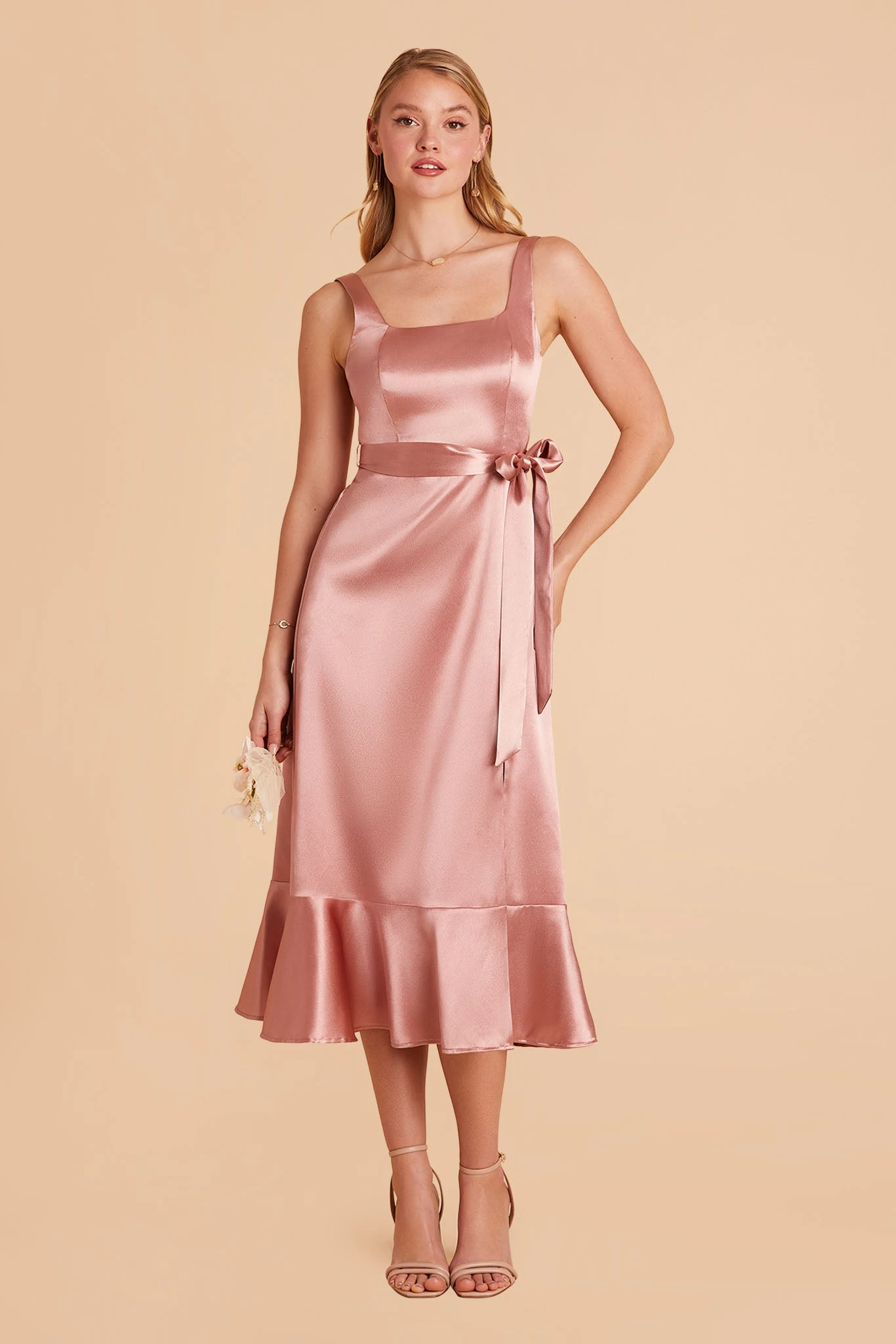 Eugenia Shiny Satin Convertible Midi Dress - Desert Rose - Image 5