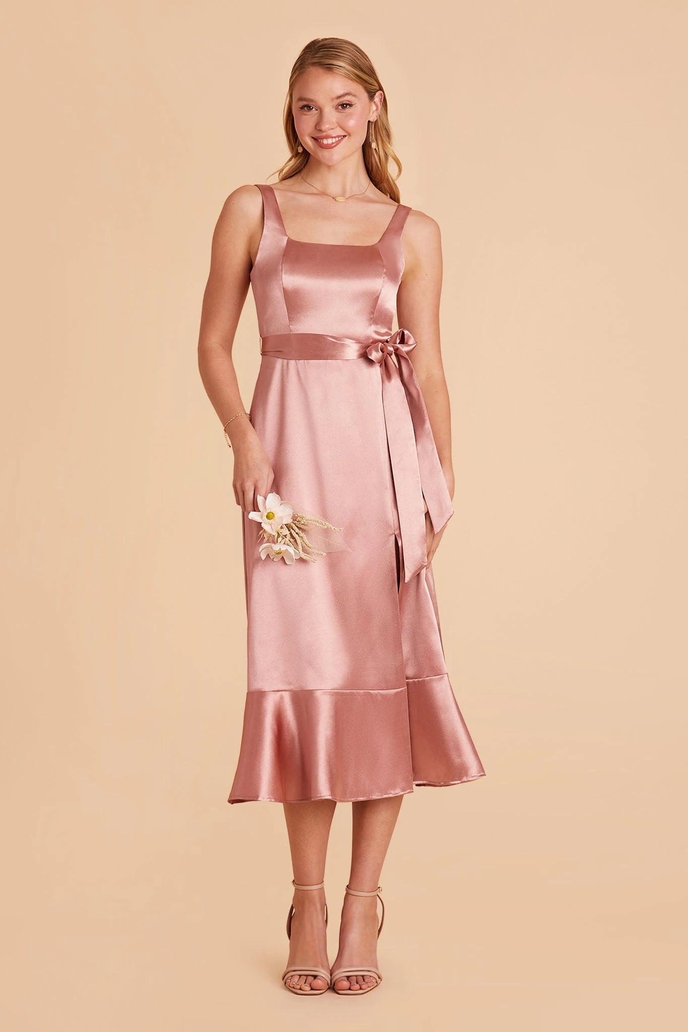 Eugenia Shiny Satin Convertible Midi Dress - Desert Rose - Image 3