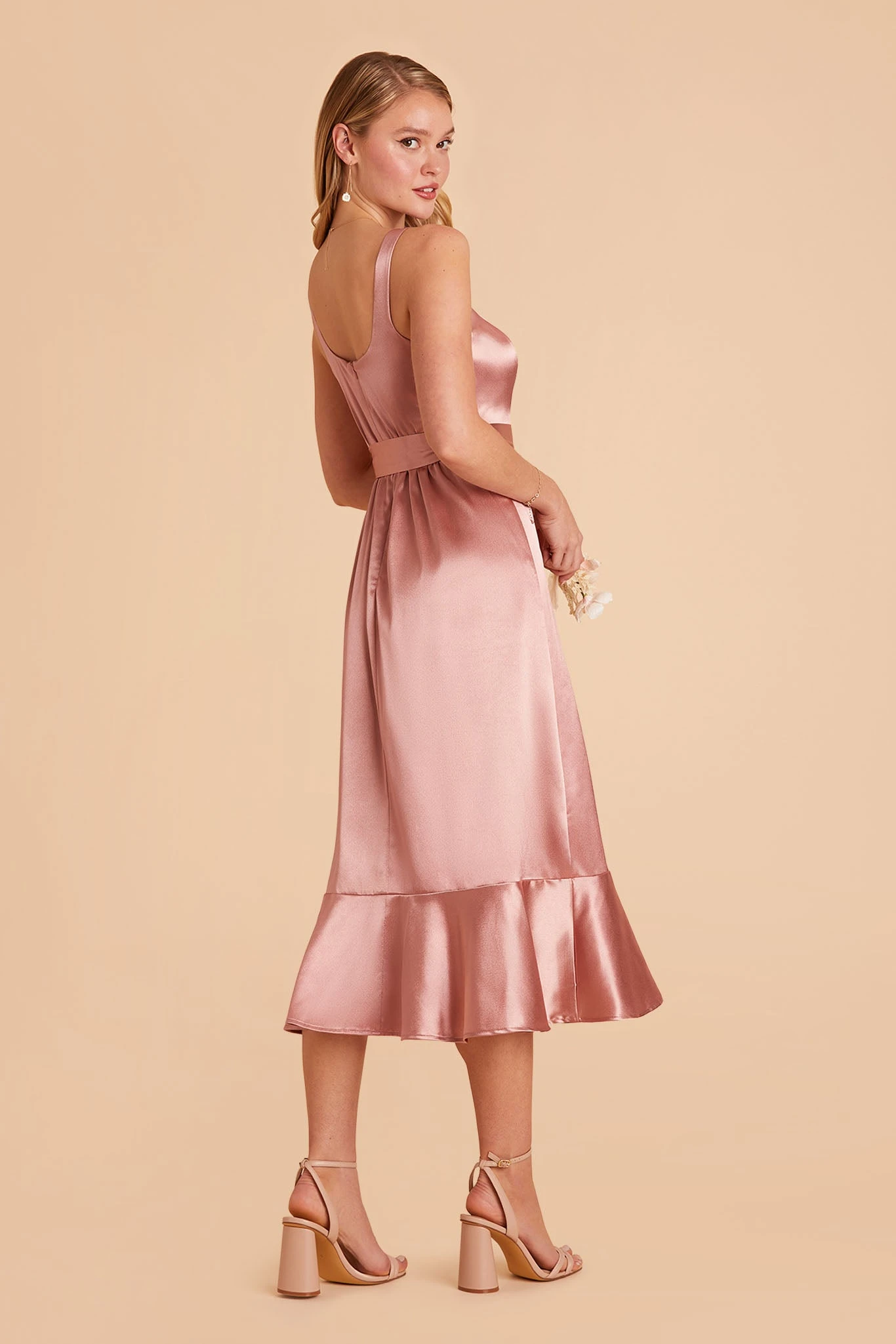 Eugenia Shiny Satin Convertible Midi Dress - Desert Rose - Image 4
