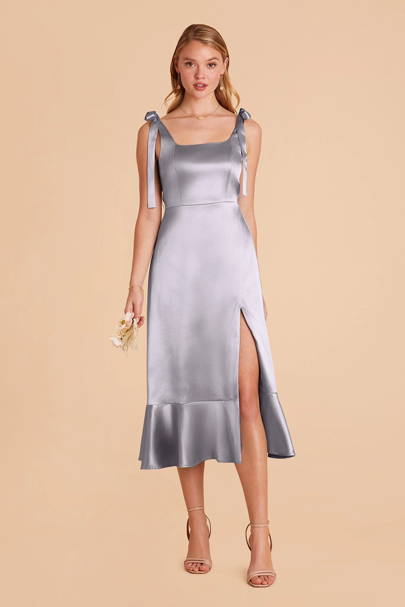 Eugenia Shiny Satin Convertible Midi Dress - Dusty Blue - Image 2