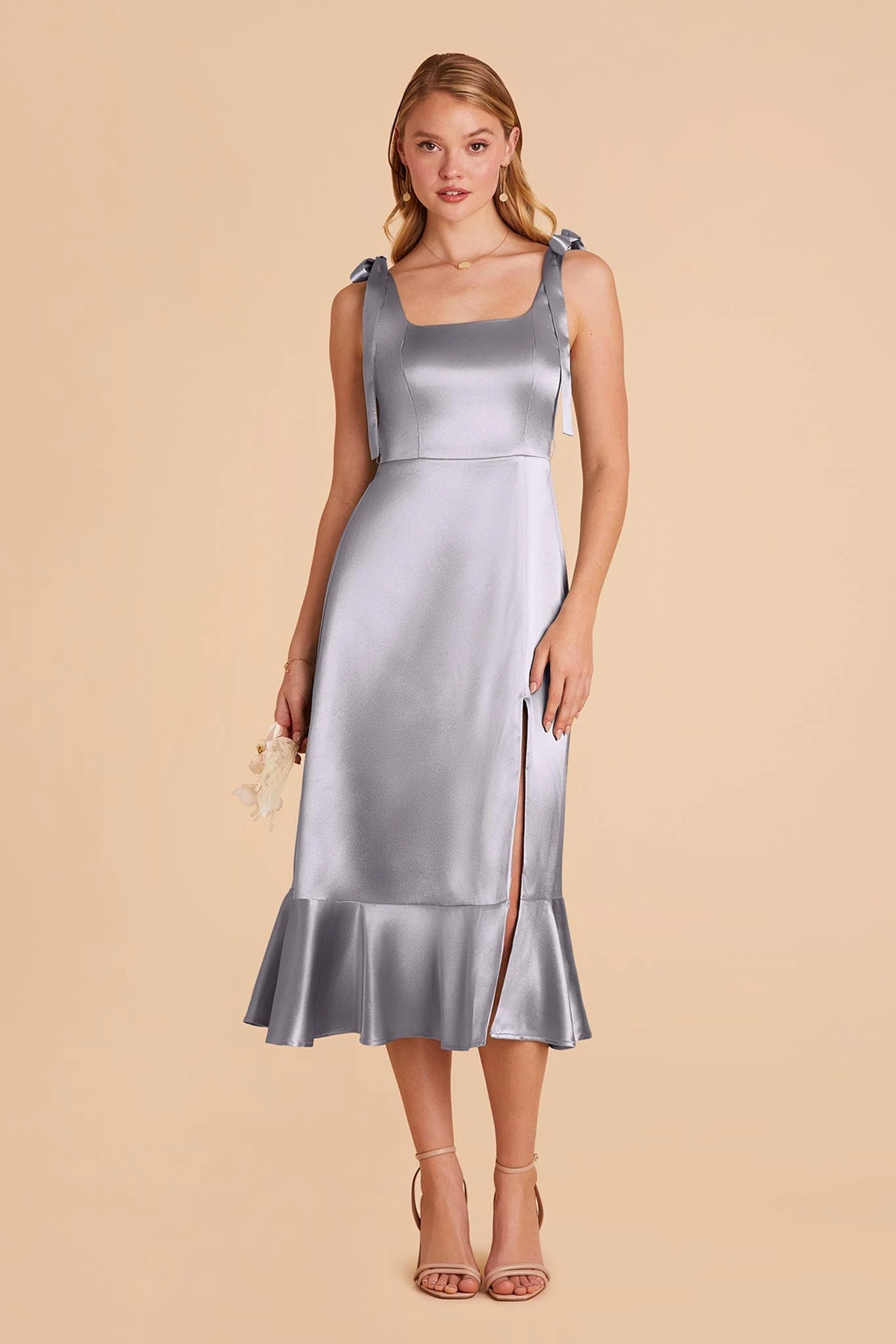 Eugenia Shiny Satin Convertible Midi Dress - Dusty Blue - Image 4