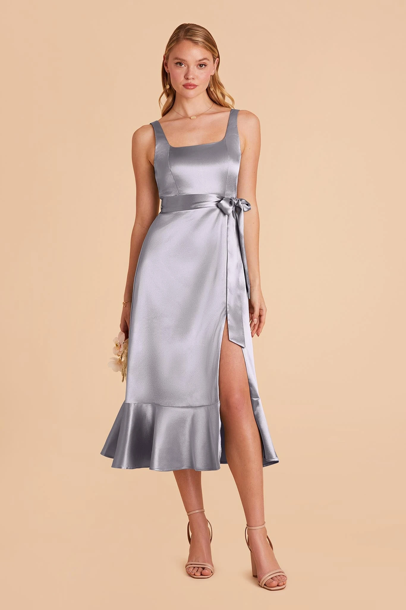Eugenia Shiny Satin Convertible Midi Dress - Dusty Blue - Image 3