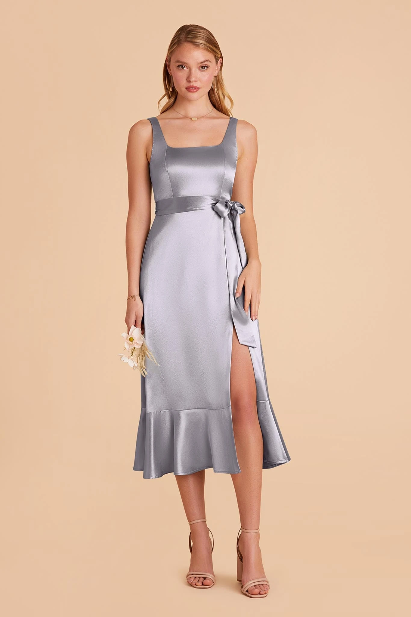Eugenia Shiny Satin Convertible Midi Dress - Dusty Blue - Image 5