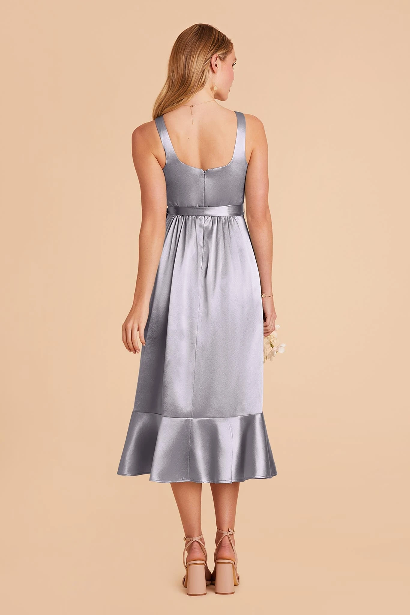 Eugenia Shiny Satin Convertible Midi Dress - Dusty Blue - Image 6