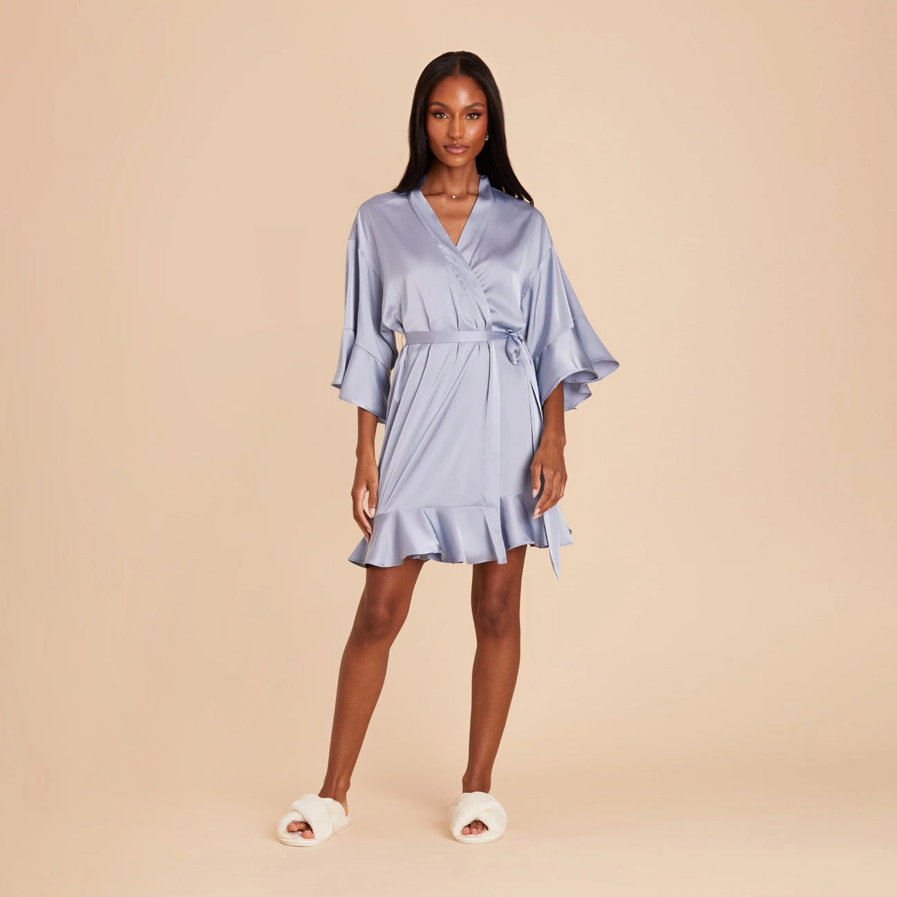 Kenny Ruffle Satin Robe - Dusty Blue - Image 3