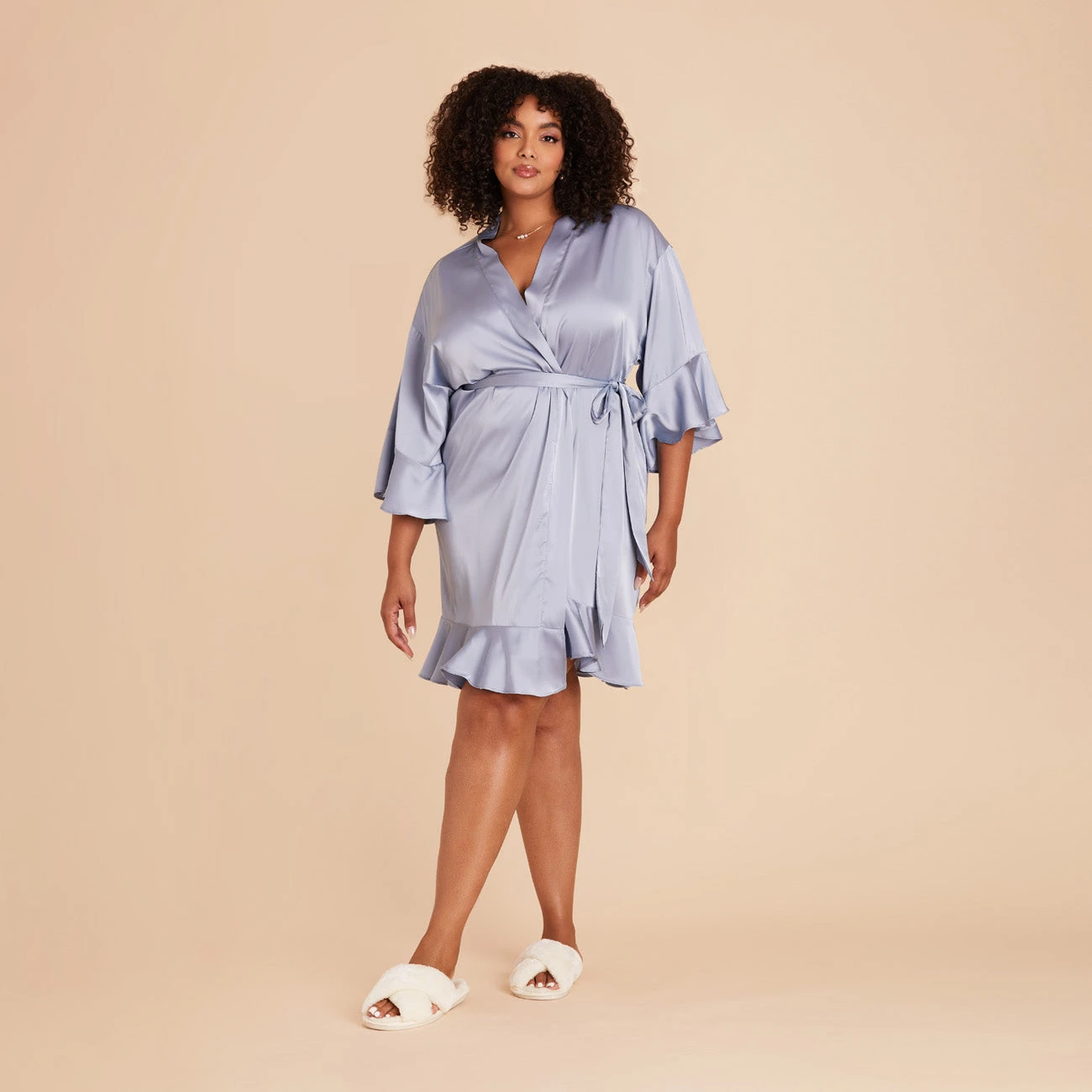 Kenny Ruffle Satin Robe - Dusty Blue
