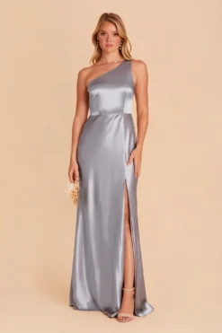 Kira Shiny Satin Dress - Dusty Blue