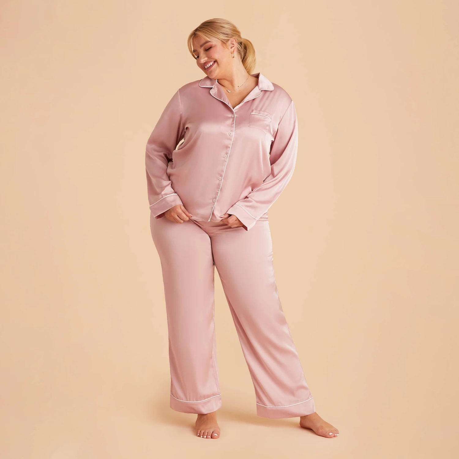 Jonny Satin Long Sleeve Pajama Top - Dusty Pink - Image 16