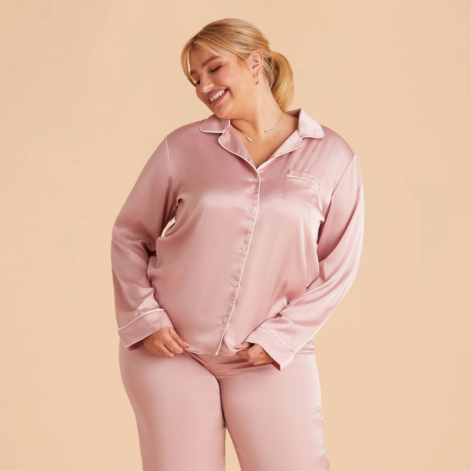 Jonny Long Sleeves And Pants Satin PJ Set - Dusty Pink - Image 14