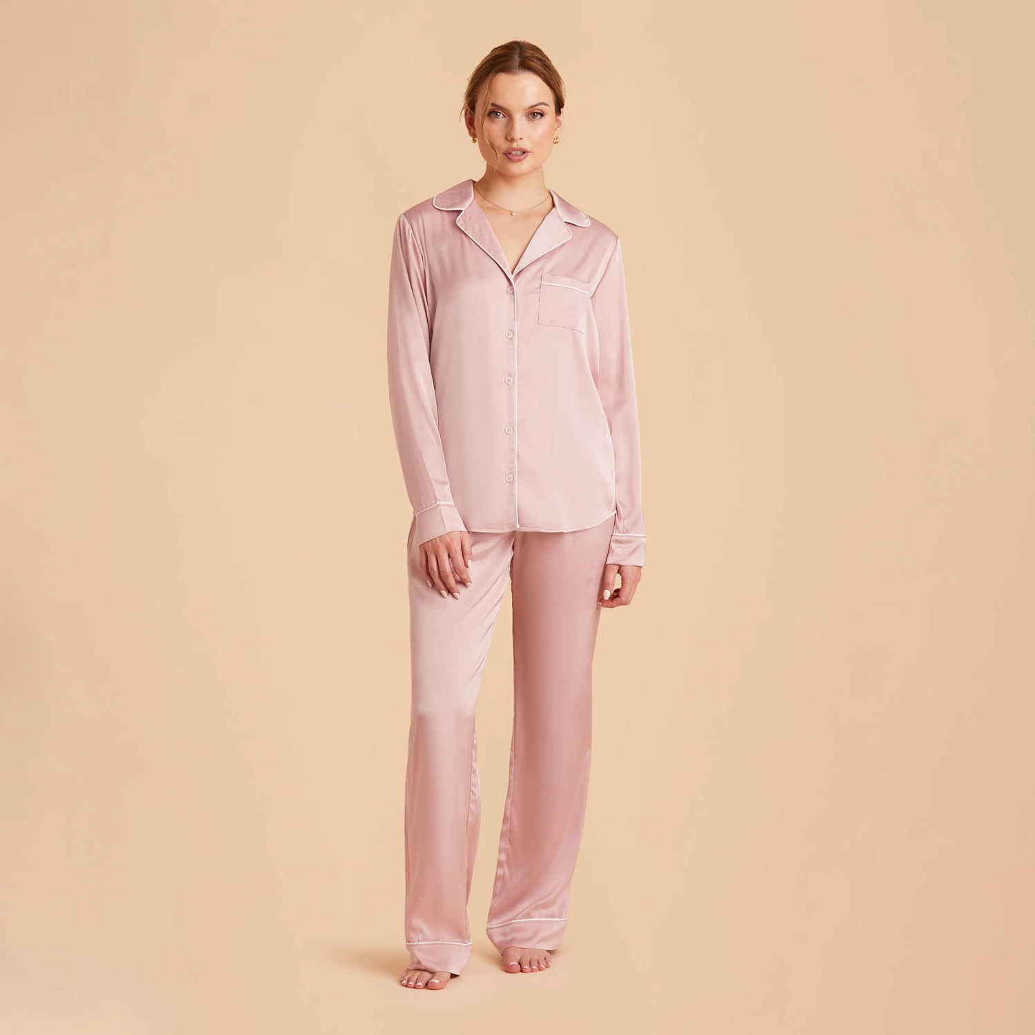 Jonny Satin Long Sleeve Pajama Top - Dusty Pink - Image 13