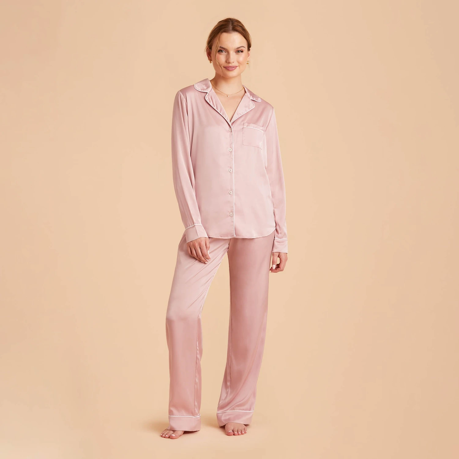 Jonny Long Sleeves And Pants Satin PJ Set - Dusty Pink - Image 4