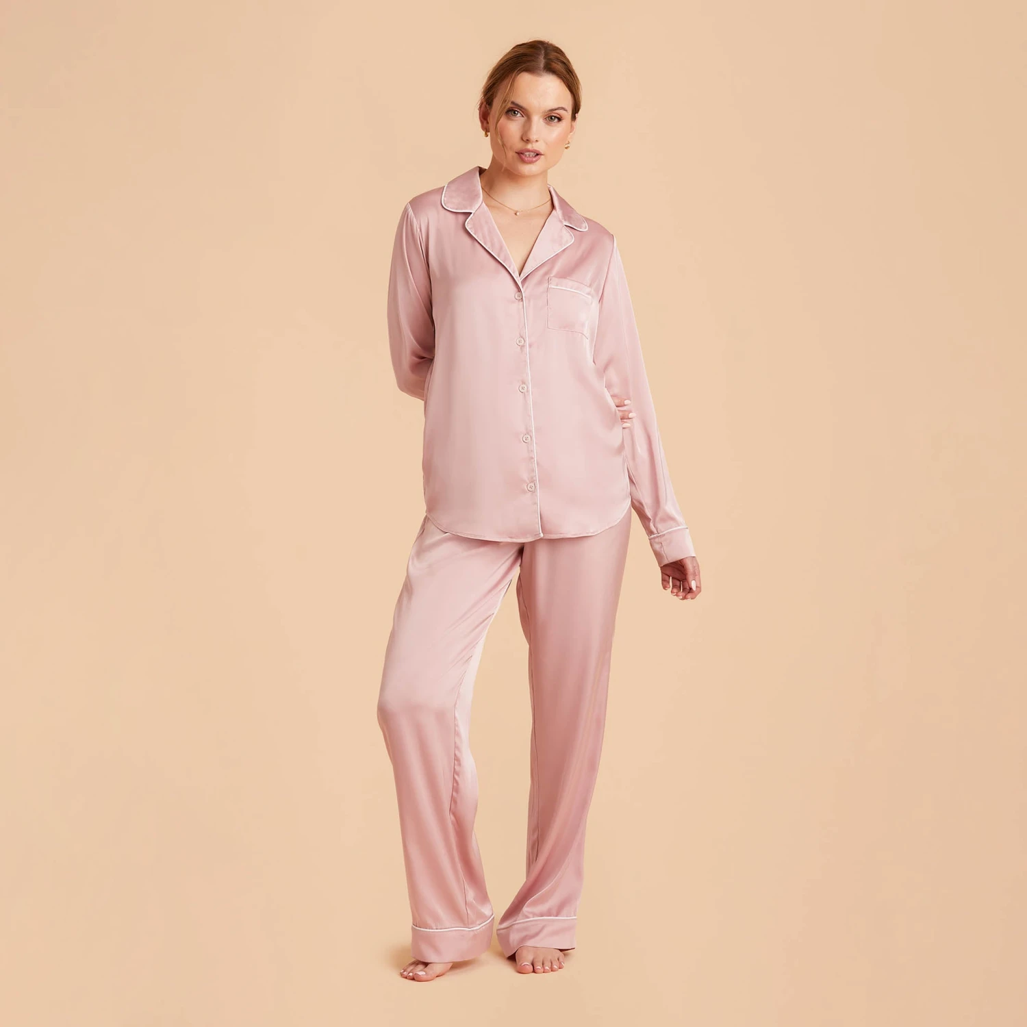 Jonny Satin Long Sleeve Pajama Top - Dusty Pink - Image 12