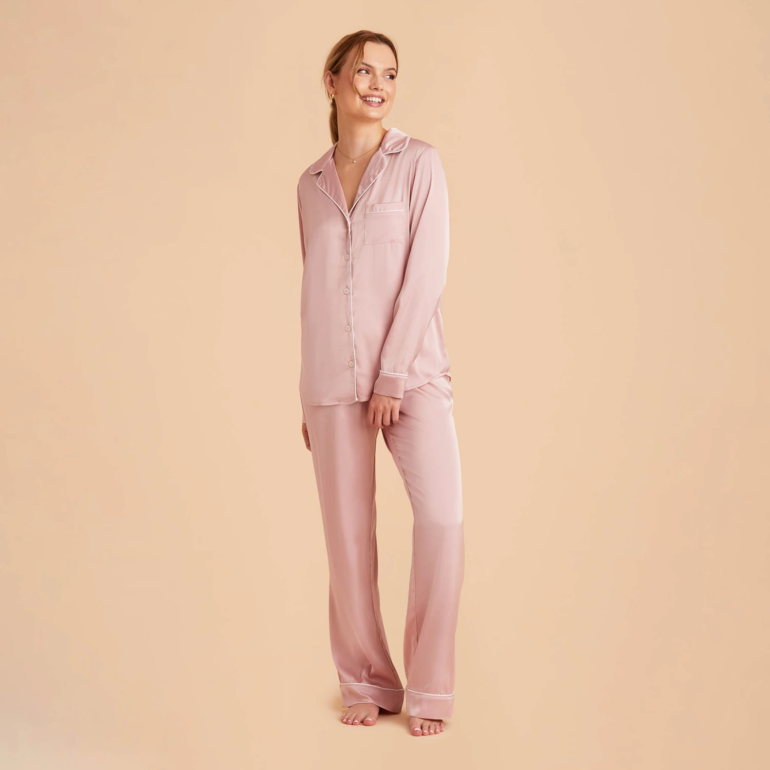 Jonny Long Sleeves And Pants Satin PJ Set - Dusty Pink - Image 6