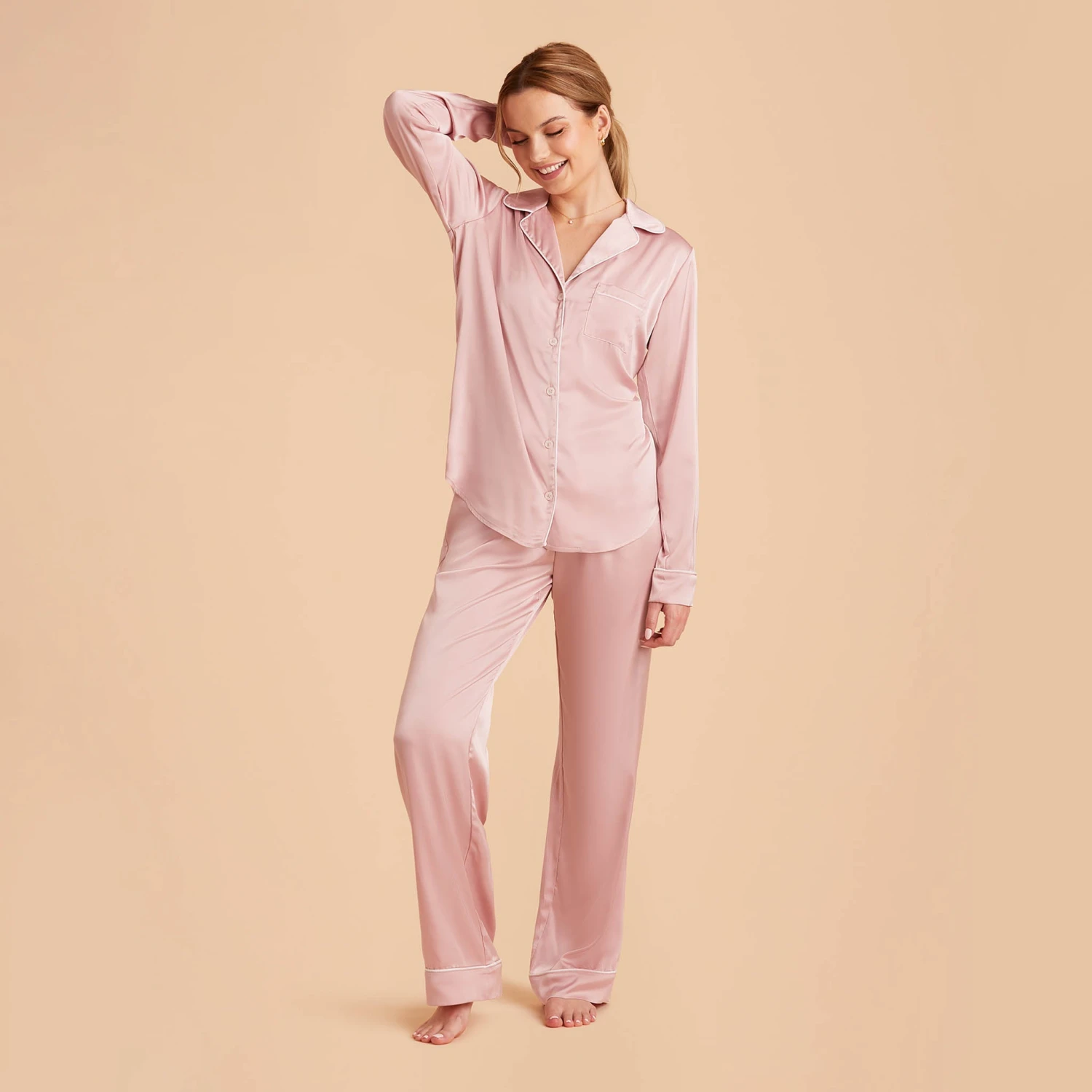 Jonny Satin Long Sleeve Pajama Top - Dusty Pink - Image 14